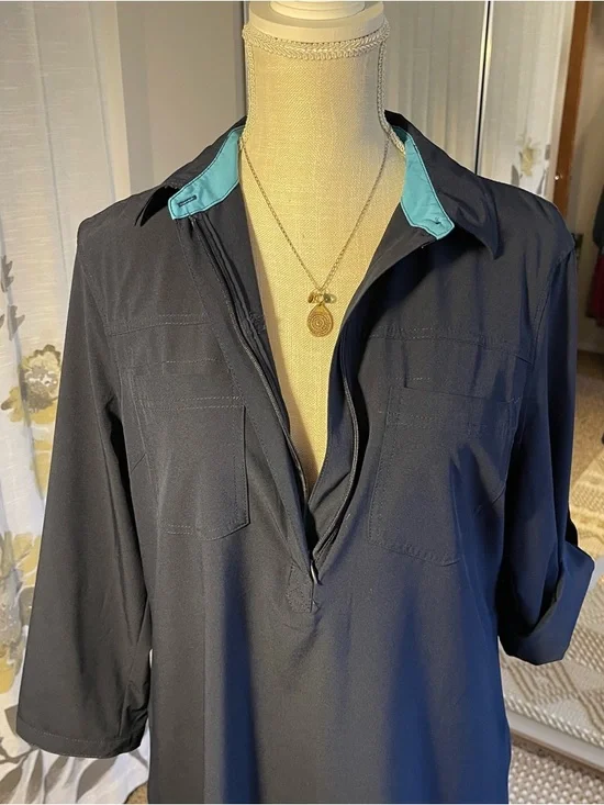 Title Nine Navy Mini Shirt Dress with Teal Trim - Picture 5 of 8